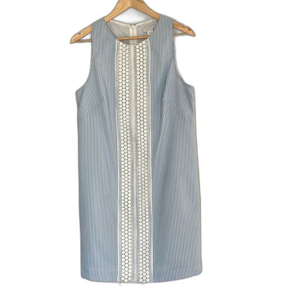 London Times Preppy Neutral Stripes lace Sleeveless Classic Dress Size 10 C76 - Picture 1 of 11